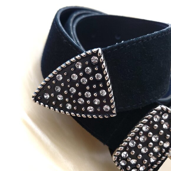 Genuine Italian Leather Belt Bling Buckle Rhinestones Silver Tone Hardware - Picture 4 of 15